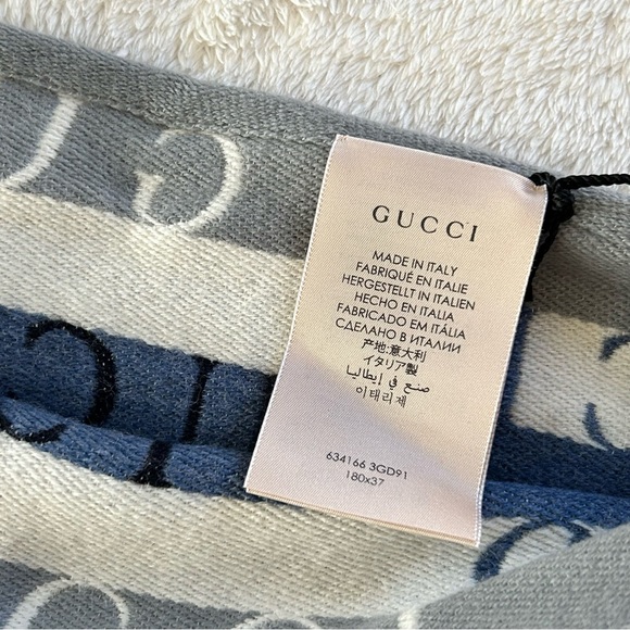 Authentic Gucci Unisex Striped & Signature Wool Scarf Blue Gray White - Picture 7 of 11